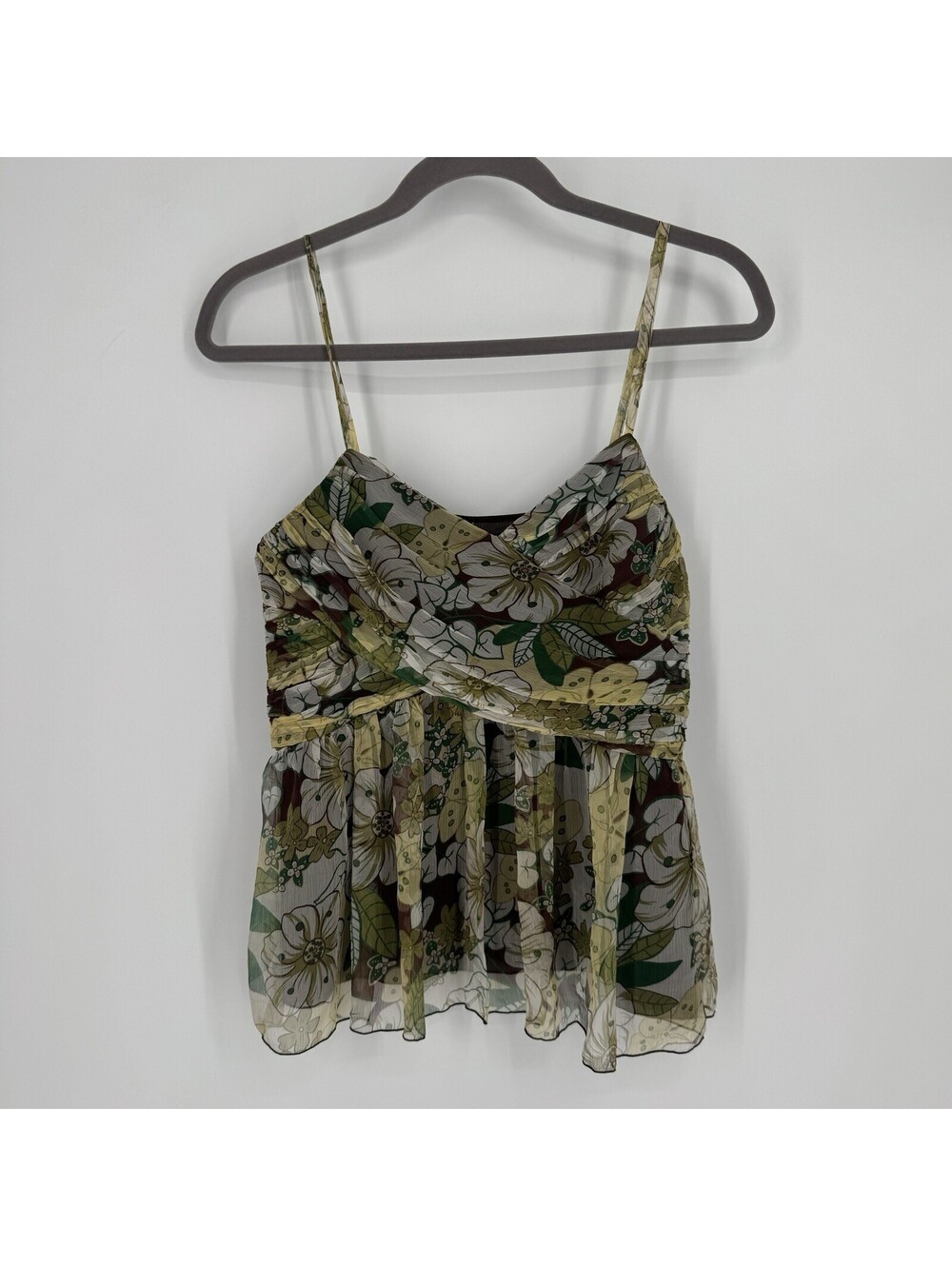 90s y2k floral camisole chiffon tank top spaghetti silk M ruched empire babydoll